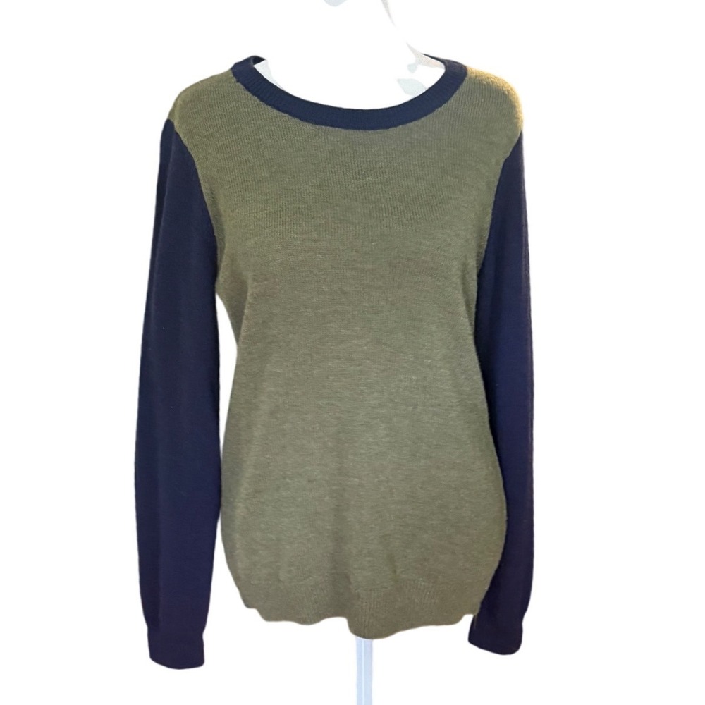 Talbots Petites Colorblock Sweater Olive Green Navy Blue Side Zip Crew Neck SP